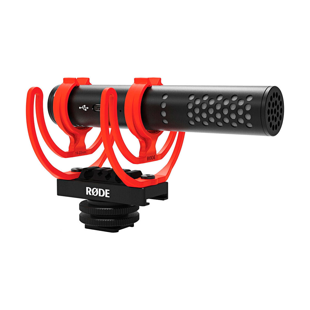 Rode VideoMic Go II Helix on musta haulikkomikrofoni, jossa on punainen iskukiinnike, joka on suunniteltu kameroihin ja äänitallennukseen, ja jossa on verkkosäleikkö ja näkyvä USB-portti toisessa päässä.