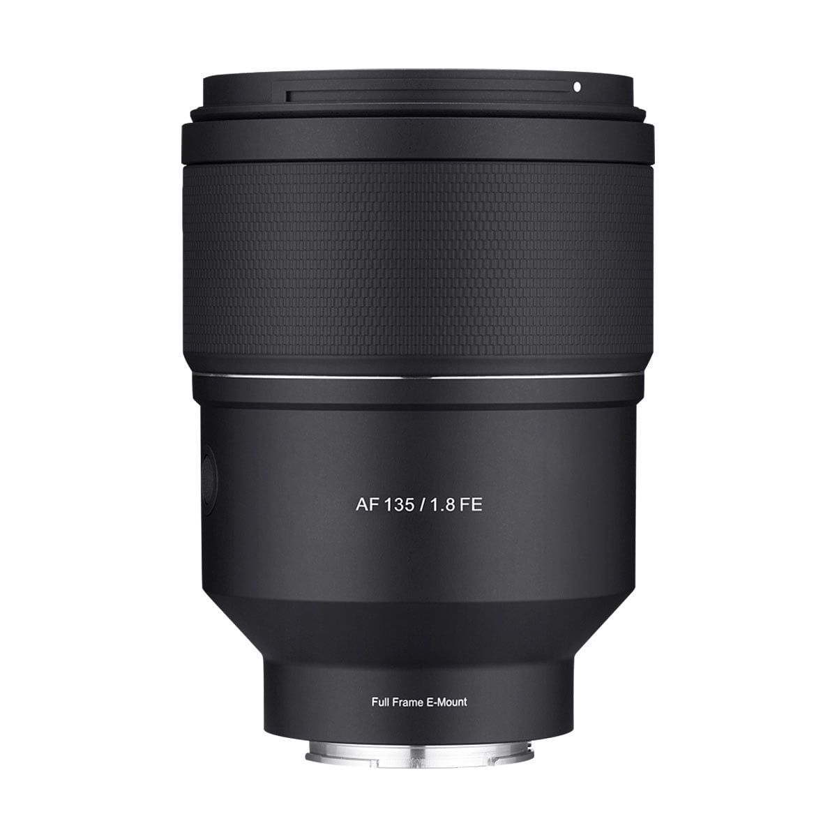 Samyang_AF_135mm_F_1_8_Sony-FE_001 Samyang AF 135mm F/1.8 - Sony FE -objektiivi näkyy pystyssä valkoista taustaa vasten, ja siinä on kuvioitu tarkennusrengas ja sileä musta runko, jossa on merkinnät "AF 135 / 1.8 FE" ja "Full Frame E-Mount".