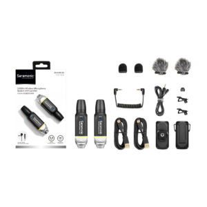 Saramonic Blink 800 B1, 5.8GHz wireless lavalier system, includes transmitters, receiver, windscreens, foam protectors, coiled and USB cables, clips, carrying case and packaging - complete for portable Saramonic sound recording.