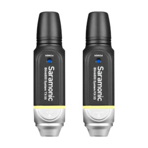 Two Saramonic Blink 800 B1, 5.8GHz wireless lavalier system transmitters are displayed vertically side by side on a white background. Both are black with a silver base, yellow highlights and blue power indicator lights.