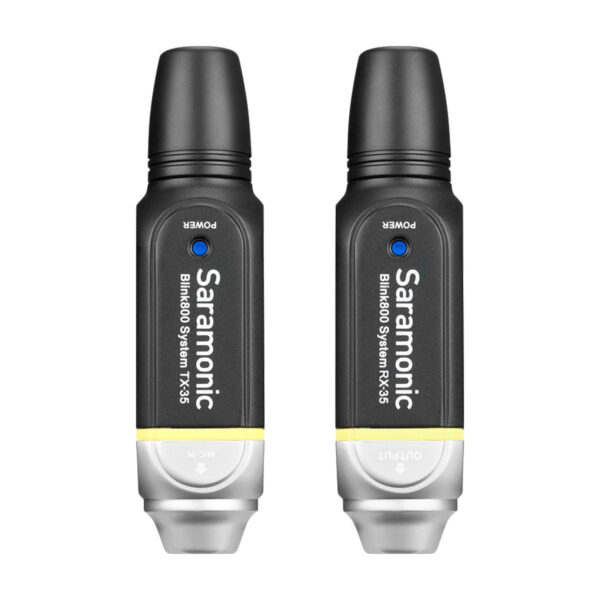 Two Saramonic Blink 800 B1, 5.8GHz wireless lavalier system transmitters are displayed vertically side by side on a white background. Both are black with a silver base, yellow highlights and blue power indicator lights.