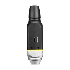 Black Saramonic Blink 800 B1, 5.8GHz wireless lavalier system with rounded top, USB Type-C port marked USB DC 5V, and silvery yellow accent near the bottom, against a white background.