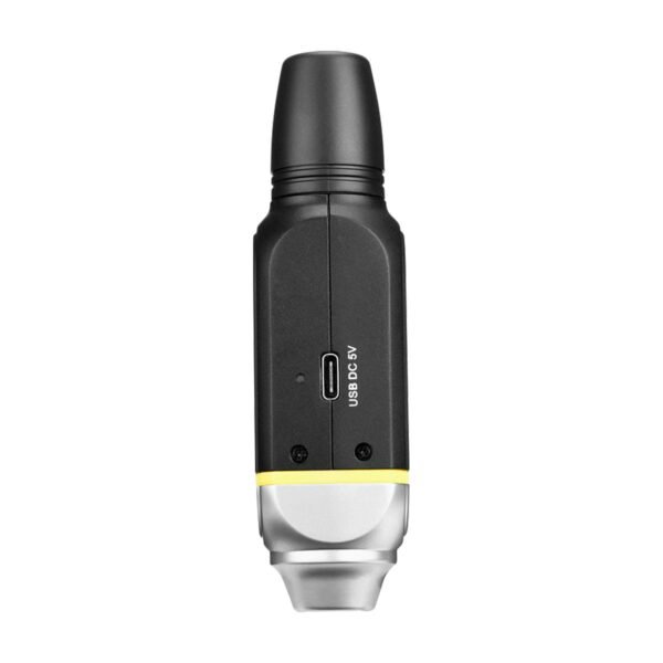 Black Saramonic Blink 800 B1, 5.8GHz wireless lavalier system with rounded top, USB Type-C port marked USB DC 5V, and silvery yellow accent near the bottom, against a white background.