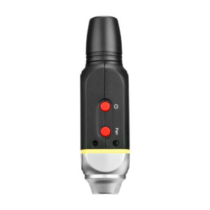 Black Saramonic Blink 800 B1, 5.8GHz wireless lavalier system with two red buttons marked G and Pair on the front, yellow border and metallic silver base, viewed from the front against a white background.