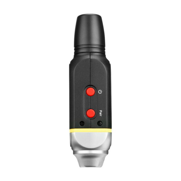 Black Saramonic Blink 800 B1, 5.8GHz wireless lavalier system with two red buttons marked G and Pair on the front, yellow border and metallic silver base, viewed from the front against a white background.