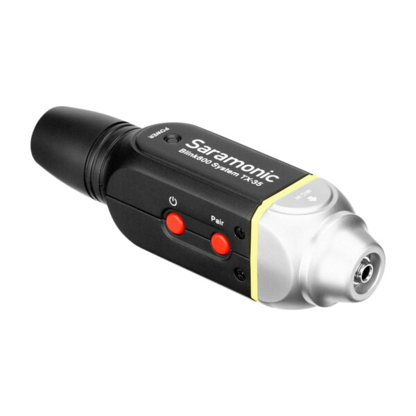 The Saramonic Blink 800 B1, a 5.8GHz wireless lavalier system has a black and silver body, two red buttons marked Pair and Power, and an XLR connector at one end.