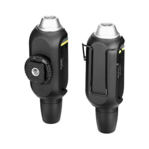 Two black, cylindrical Saramonic Blink 800 B1 units, shown from the side and rear, with metal clips, threaded mounts, USB charging ports and indicator lights - an ideal 5.8 GHz wireless lavalier system for users.
