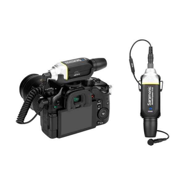Digital camera with Saramonic Blink 800 B1, 5.8 GHz Wireless Lavalier System wireless transmitter and the corresponding receiver displayed next to it. Both devices are black with silver and yellow accents.