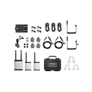 Saramonic Vlink2 Kit2 (TX+TX+RX) ja SR-C8 Kuljetuslaukku näkyvät valkoisella pohjalla, jossa on kaksi lähetintä, yksi vastaanotin, kaapelit, tuulilasit, klipsit, adapterit, kantolaukku ja asennustarvikkeet.