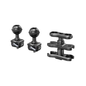 Kolme SmallRig 3515 Talon Mini -nivelvartta, joissa on kaksi pallopäätä ja yksi kaksoiskäden liitin, kaikki metallia, näkyvät valkoisella pohjalla.