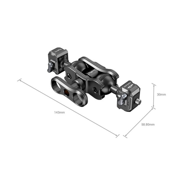 SmallRig 3515 -nivelvarren nivelvarren 3D-versio, jossa on kaksi kuulapäitä Talon Mini (musta), pituus 143 mm, korkeus 30 mm ja leveys 58,8 mm. Sisältää kaksi kiinnityspäätä, kaksi kääntyvää niveltä ja merkittyjä lukitusruuveja.