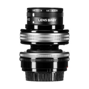 Lensbaby Composer Pro II + Sweet 80 for Sony E, black and silver with aperture markings and two brushed adjustment rings, shown vertically against a white background.