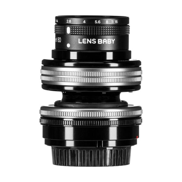 Lensbaby Composer Pro II + Sweet 80 for Sony E, black and silver with aperture markings and two brushed adjustment rings, shown vertically against a white background.