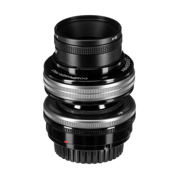 Close-up of the Lensbaby Composer Pro II + Sweet 80 lens for Sony E, with black and silver textured rings and markings upright against a white background.