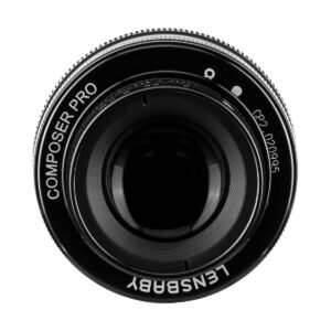 Close-up of the Lensbaby Composer Pro II + Sweet 80 for Sony E from top to bottom, highlighting the lens glass and the markings on its black outer ring.