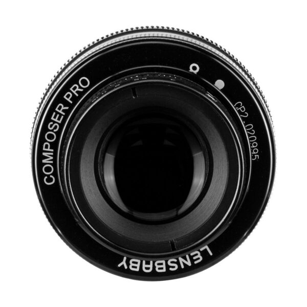Close-up of the Lensbaby Composer Pro II + Sweet 80 for Sony E from top to bottom, highlighting the lens glass and the markings on its black outer ring.
