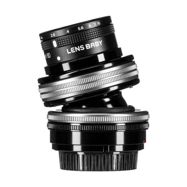 Lensbaby Composer Pro II + Sweet 80 for Sony E is shown in black with silver highlights, tilted on a white background. The aperture and focus rings on the camera lens are clearly visible.