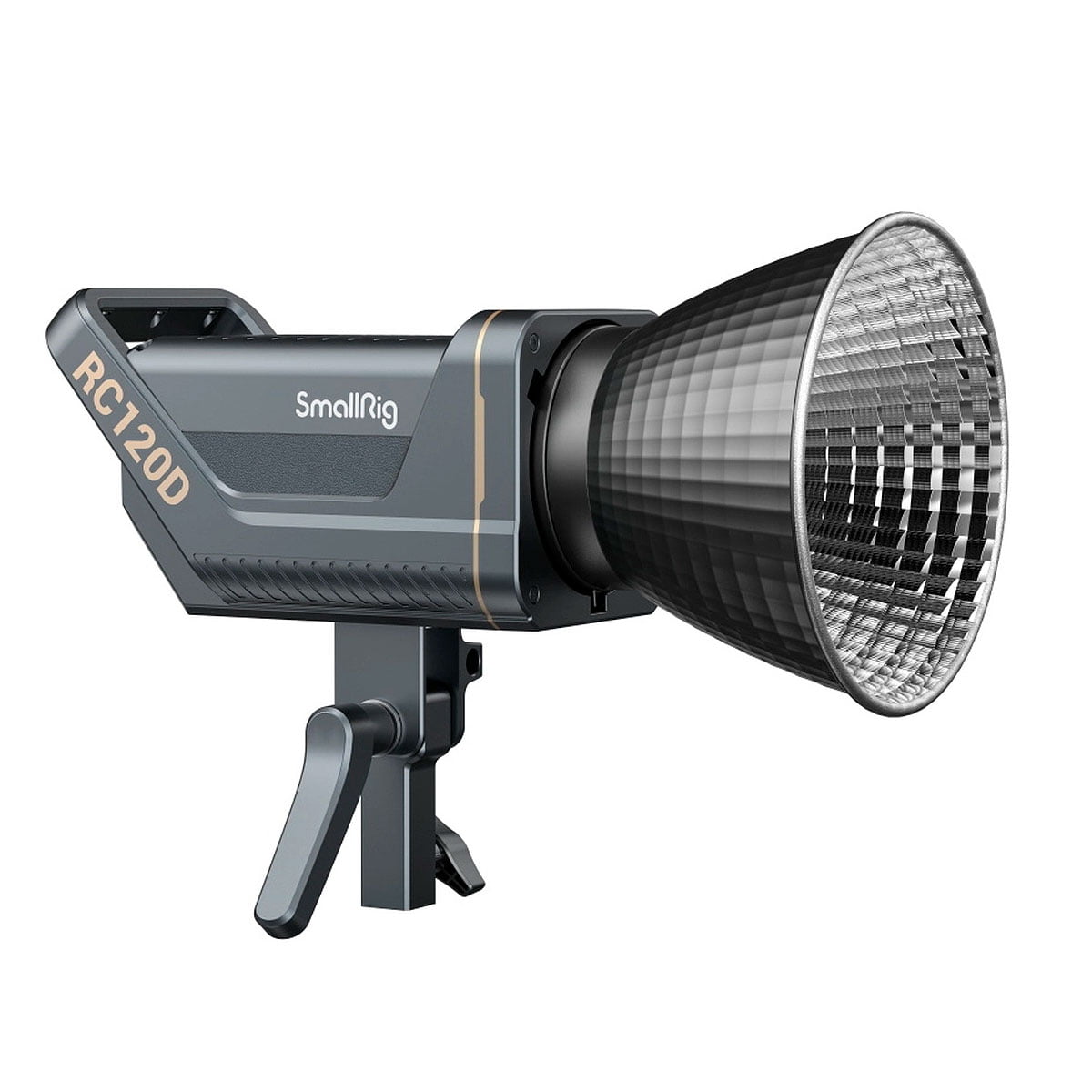 SmallRig 3612 RC 120D Daylight Point-Source Video Light -LED-valo, jossa on suuri heijastin, on asennettu säädettävään kiinnikkeeseen, kuvassa valkoista taustaa vasten.