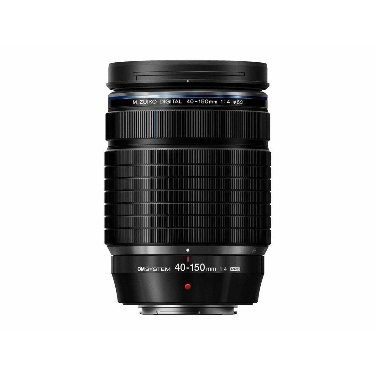 Mustassa OM SYSTEM M.Zuiko Digital 40-150mm f/4 Pro -objektiivissa, joka on pystyssä valkoisella pohjalla, on kuvioitu zoomausrengas ja valkoiset objektiivimerkinnät. Saat 200€ käteispalautusta tämän tuotteen kanssa.