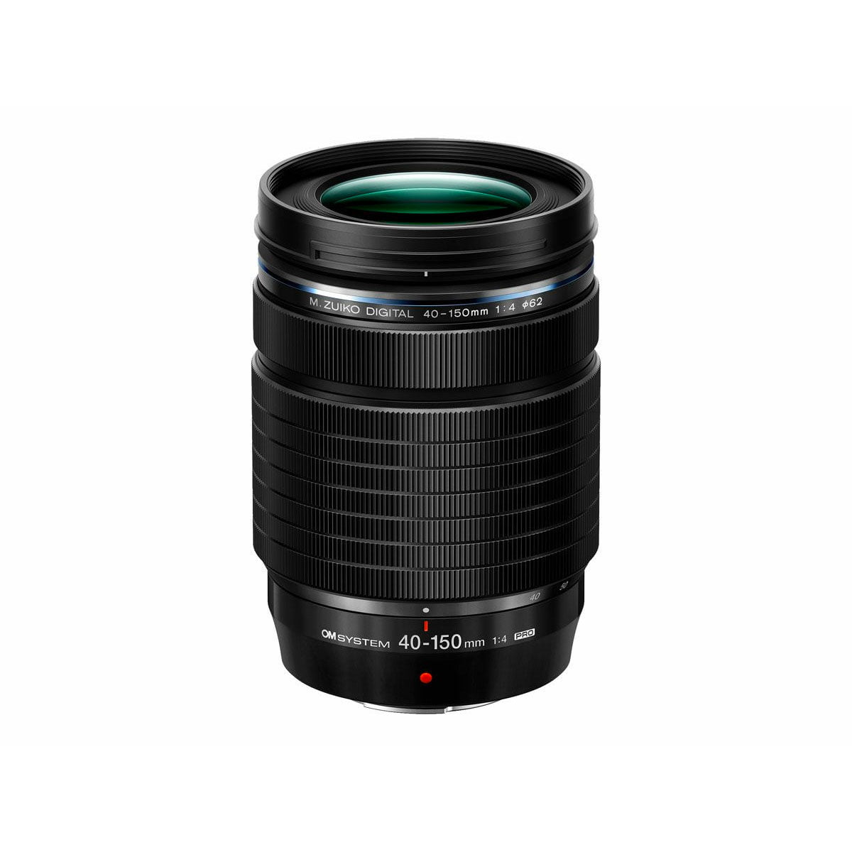 om_system_mzuiko_40-150mm_pro_03 The black OM SYSTEM M.Zuiko Digital 40-150mm f/4 Pro lens stands upright on a white background, with zoom and focus rings and clear white and red text indicating its specifications.