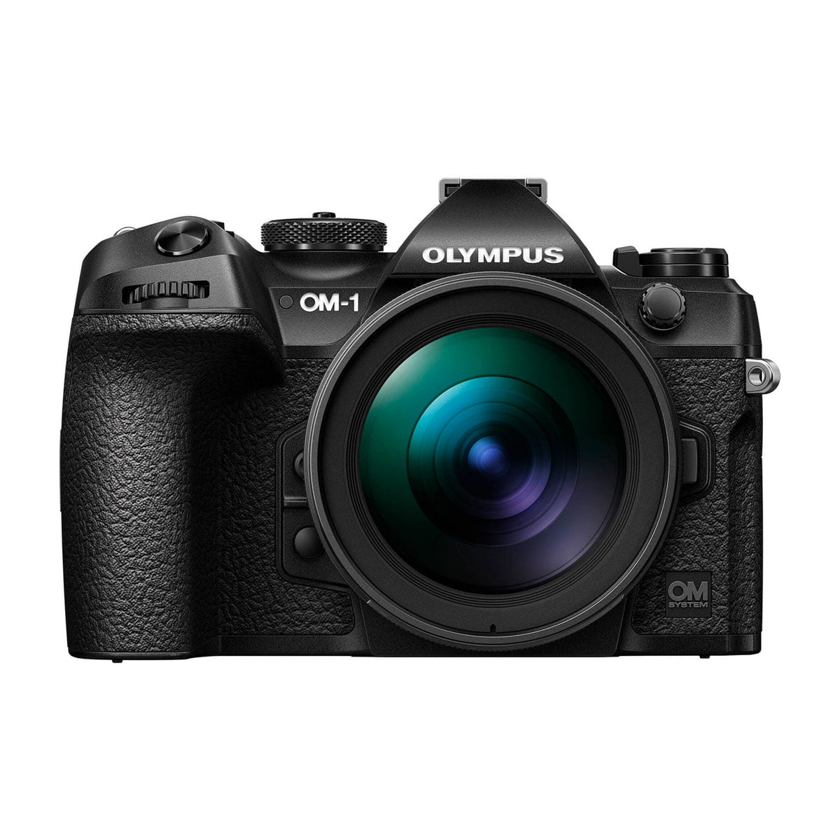 OM Systems OM-1 + 12-40mm f/2.8 Pro II front view camera with black body, large lens, textured grip and multiple controls and buttons.