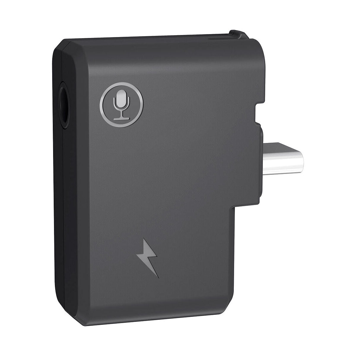 Insta360 One X2 3,5 mm:n mikrofonisovitin, jossa on latausliitäntä, on kompakti musta USB-C-sovitin, jonka etupuolella on mikrofonikuvake, 3,5 mm:n ääniliitäntä ja salamaniskusymboli valkoista taustaa vasten.
