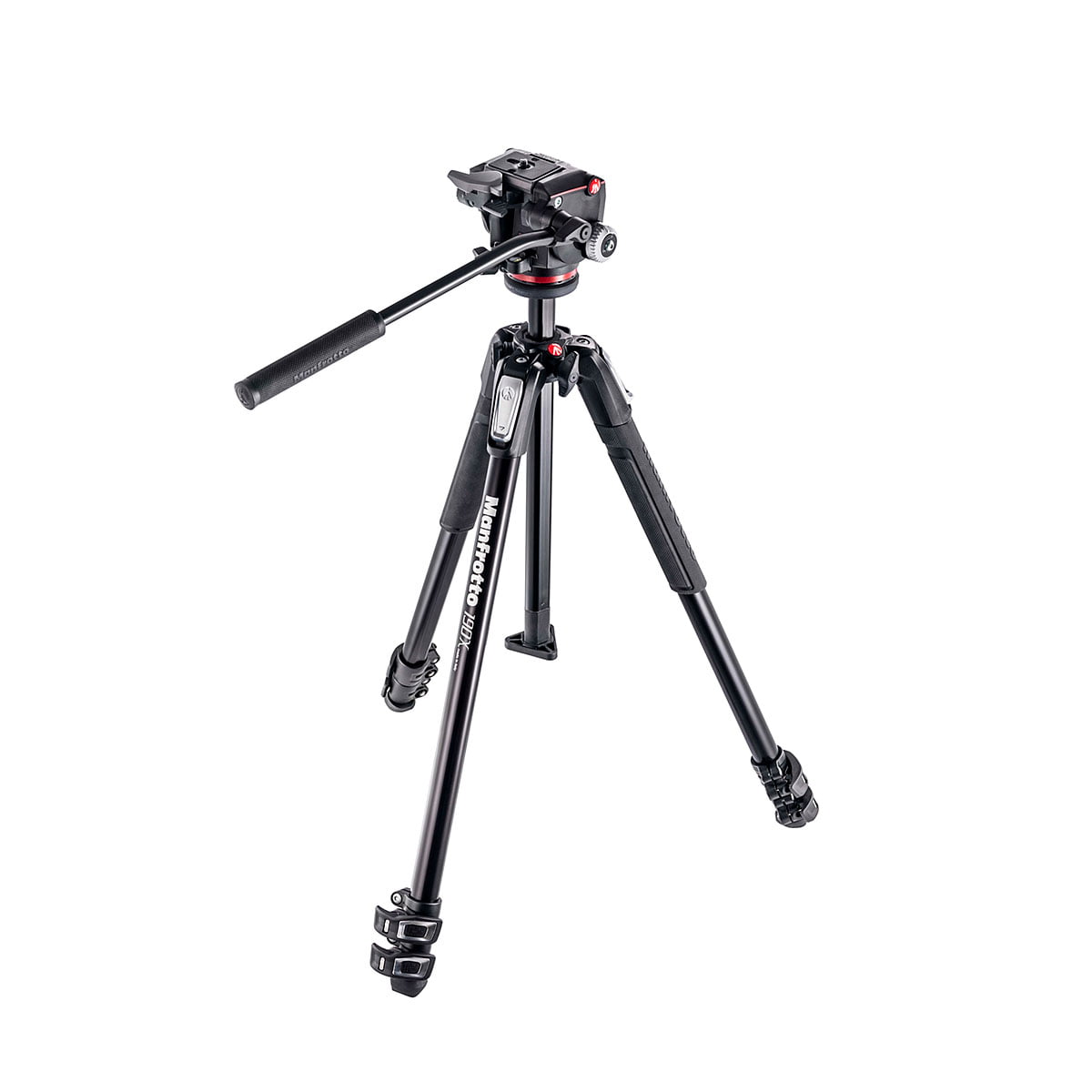 Musta Manfrotto MT190XPRO3 3-os -kolmijalka, jossa on kolme säädettävää jalkaa, kallistuspää ja kahva helppoa liikuttelua varten, valkoista taustaa vasten.