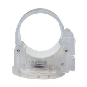 NANLITE PavoTube Transparent T12 Clip with Magnet on kirkas muovipuristin, jossa on pyöreä aukko, kaksi metalliruuvia, saranoidut osat ja integroitu magneetti sylinterimäisten esineiden, kuten valoputkien, kiinnittämiseen.