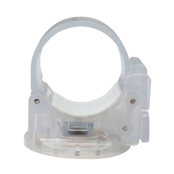 NANLITE PavoTube Transparent T12 Clip with Magnet on kirkas muovipuristin, jossa on pyöreä aukko, kaksi metalliruuvia, saranoidut osat ja integroitu magneetti sylinterimäisten esineiden, kuten valoputkien, kiinnittämiseen.