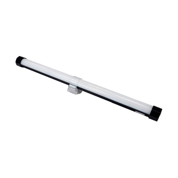 Kuvassa NANLITE PavoTube Transparent T12 Clip with Magnet, jossa on sylinterimäinen muotoilu mustilla päätykappaleilla ja keskimmäisellä kiinnityskannattimella, kuvattuna tavallisella valkoisella pohjalla.