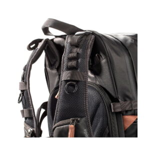 Close-up Shimoda Designs Explore v2 30 camera backpack in black featuring padded shoulder straps, carry handle, mesh back panel, zip closure and attachment loops against a white background.