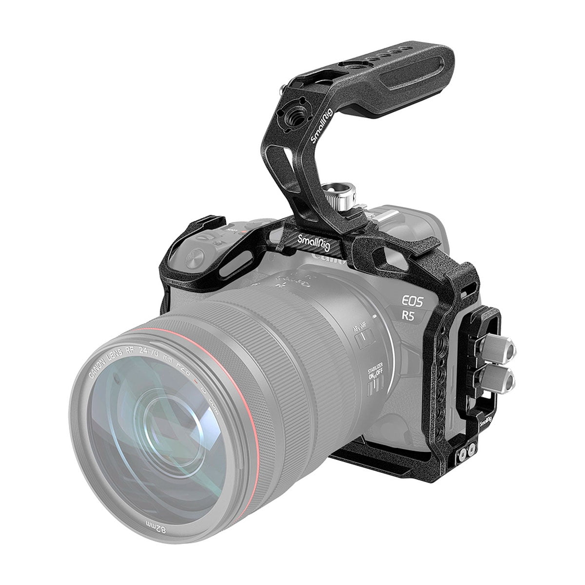 The SmallRig 3234 "Black Mamba" camera cage kit, black with top handle and multiple mounting points, is pictured mounted on a Canon EOS R5 camera with a large lens.