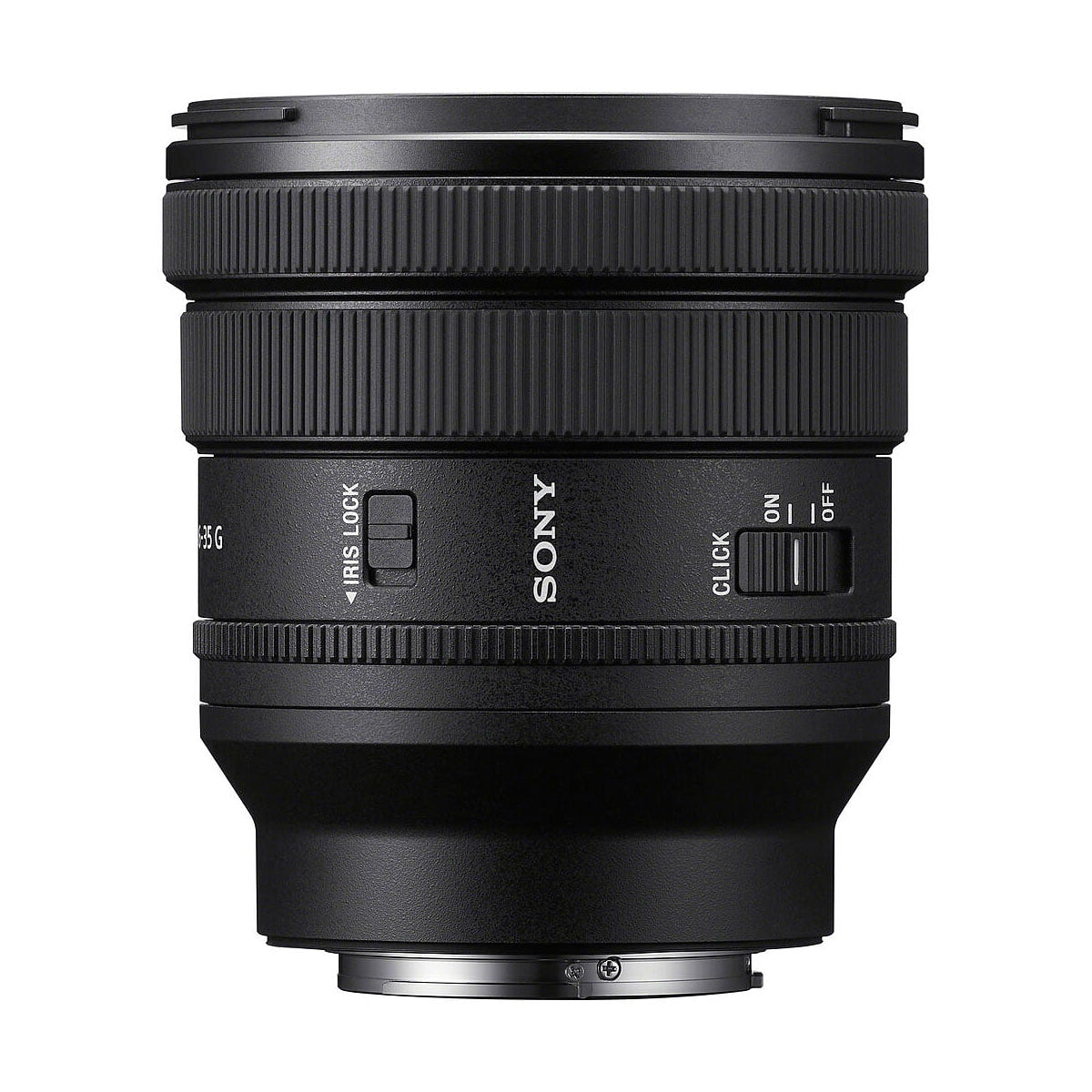 Sony FE PZ 16-35mm f/4 G -objektiivi on kuvattu pystyasennossa valkoisella taustalla, ja siinä on säätörenkaat, IRIS LOCK- ja CLICK ON/OFF -kytkimet sekä metallinen jalustakiinnike.
