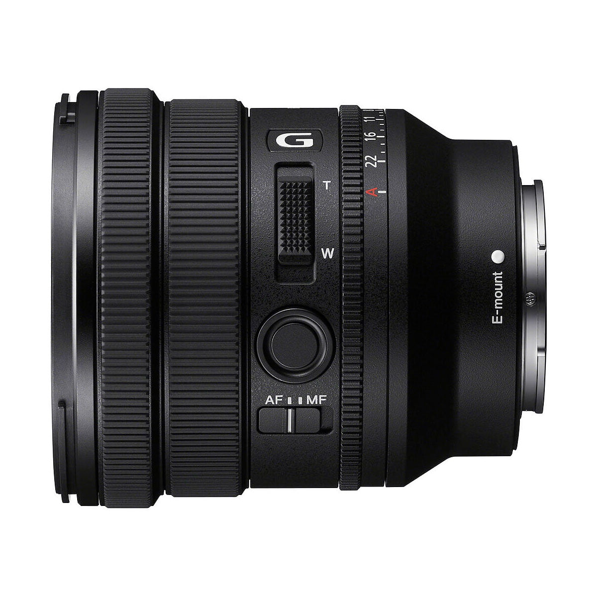 Mustassa Sony FE PZ 16-35mm f/4 G -objektiivissa, joka näkyy profiilissa valkoisella taustalla, on zoomaus- ja tarkennusrenkaat, tarkennustilan kytkin, mukautettava painike ja E-mount-merkintä.