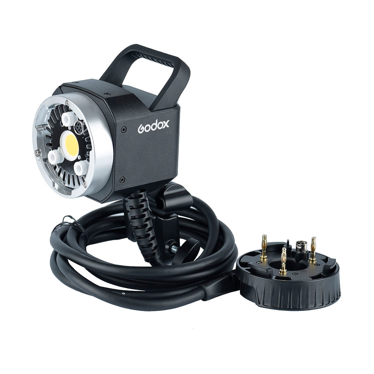 Godox AD-H400P Lightning head Jatke studio light head with handle and long black power cord, detached from the round power plug, with white background.