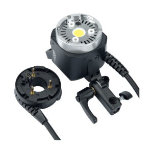 Close-up of the Godox AD-H400P Flashhead Jatke, a black electronic device with a clamp clip and a removable circular component connected by cable with several gold pins and a light or sensor element in the middle.