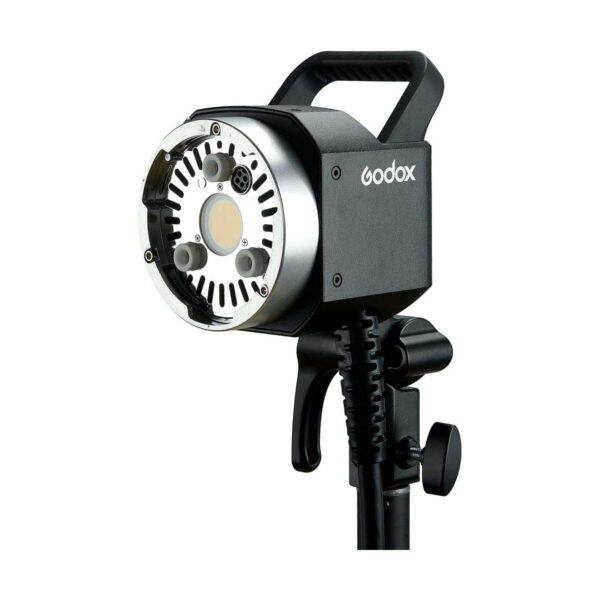 The black Godox AD-H400P Flashhead Jatke strobe with handle is mounted on a tripod, displayed without lamp or softbox, against a white background.