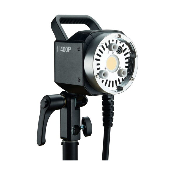 The Godox AD-H400P Flashhead Jatke studio video light, featuring a circular design with vents and adjustment knob, is mounted on a black stand with adjustable arm and attached power cord.
