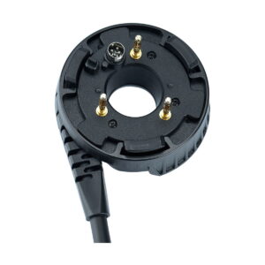 Close-up of the Godox AD-H400P Flashhead Connector: a black circular connector with three gold pins and a small silver port, attached to a black cable, isolated on a white background.