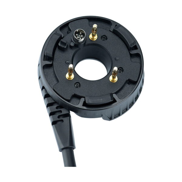 Close-up of the Godox AD-H400P Flashhead Connector: a black circular connector with three gold pins and a small silver port, attached to a black cable, isolated on a white background.