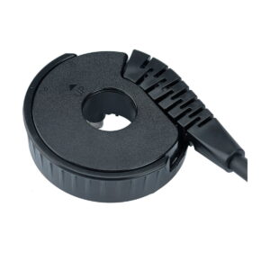 The Godox AD-H400P Flashhead Tracker is a black, round plastic device with a hole in the middle, directional arrows and a UP sticker attached to a black cable and shown on a white background.