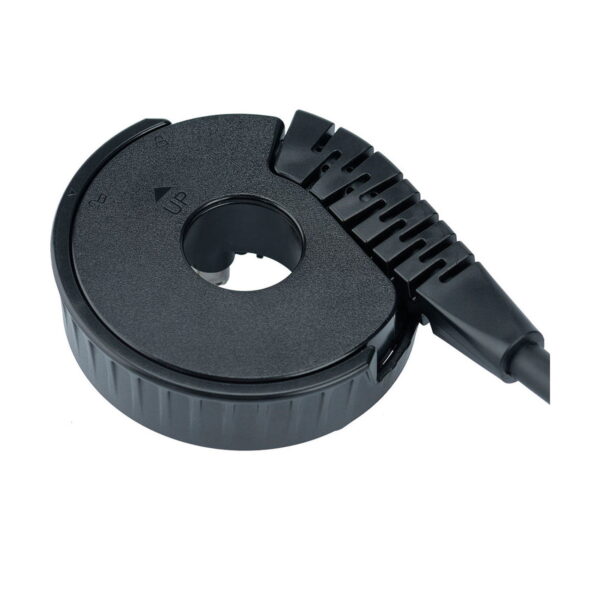The Godox AD-H400P Flashhead Tracker is a black, round plastic device with a hole in the middle, directional arrows and a UP sticker attached to a black cable and shown on a white background.