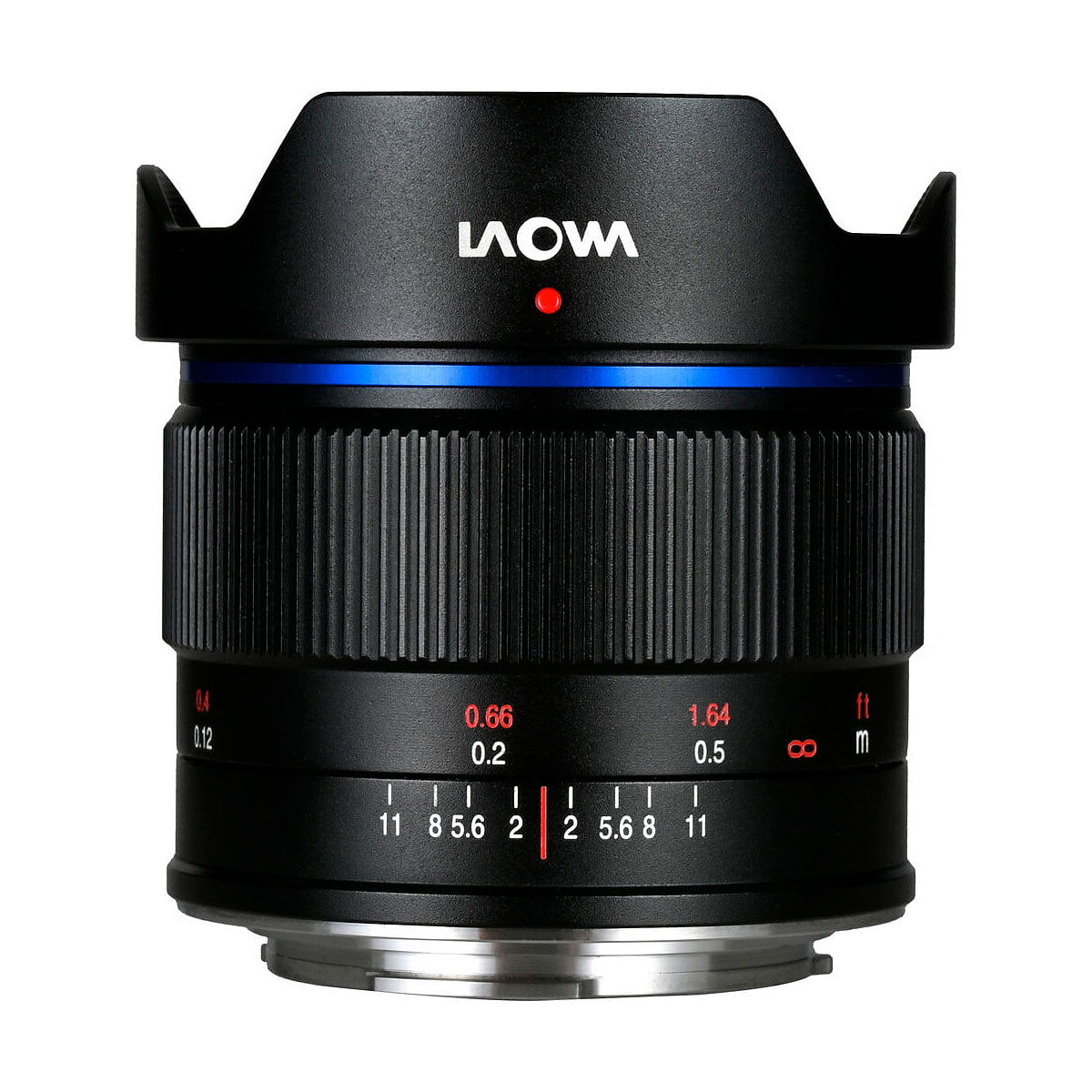 The black Laowa 7.5mm f/2 MFT AE lens features a petal-shaped hood, a ribbed focus ring and a white/red distance mark on the barrel against a white background.