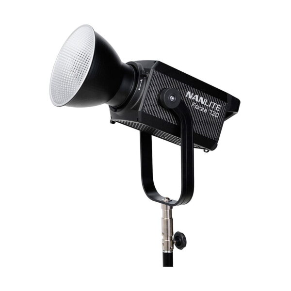 The NANLITE Forza 720 Led Monolight with large reflector is mounted on a black stand and displayed against a white background.