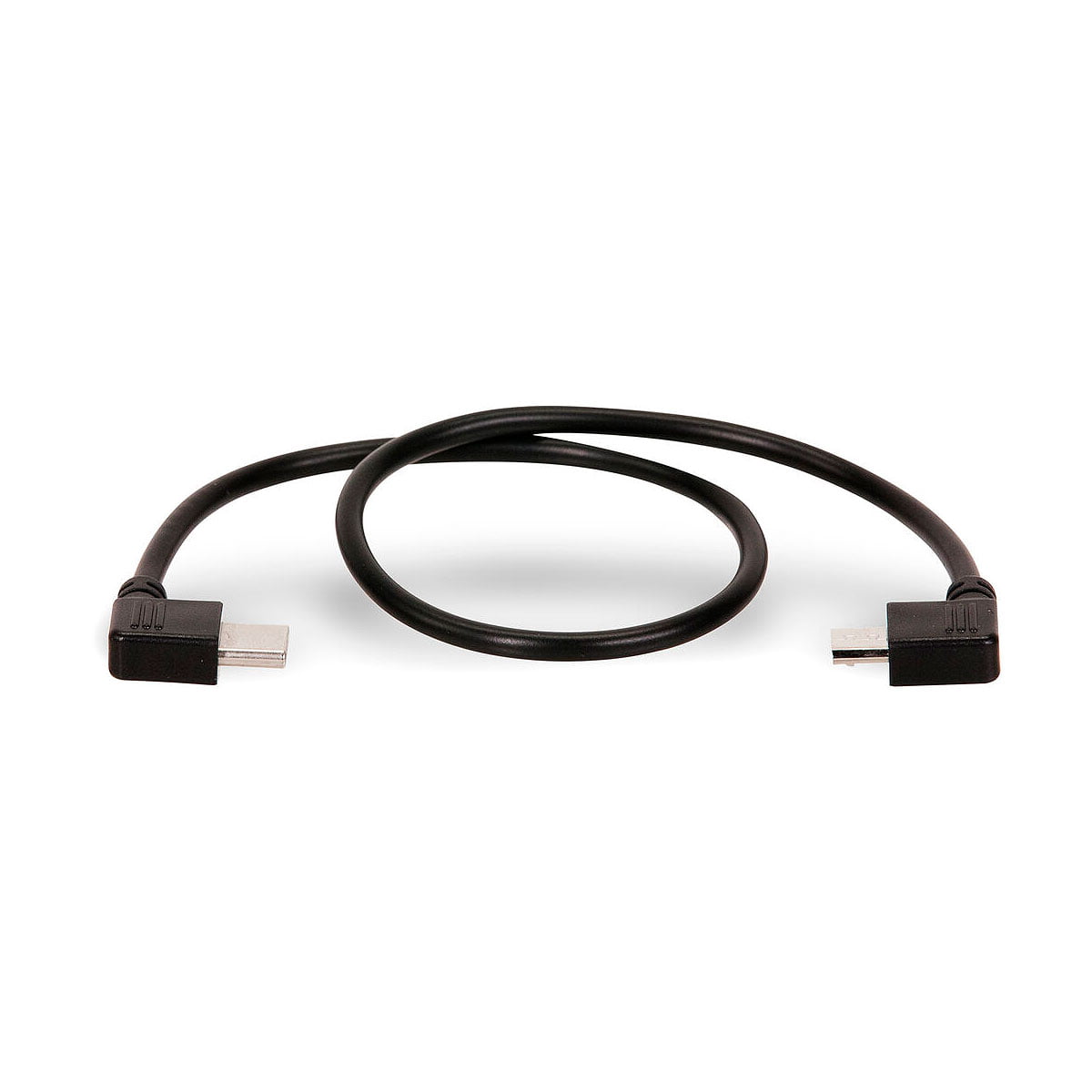 Tilta Nucleus-Nano Micro USB- ja USB-C-moottorin virtakaapeli, musta ja löysäksi silmukaksi kierretty, näkyy valkoisella pohjalla.