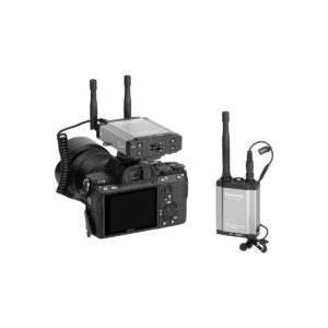 Professional camera with Saramonic Vlink2 Kit1 (TX+RX) wireless sound system and lavalier microphone and SR-C8 Carrying case against a white background.