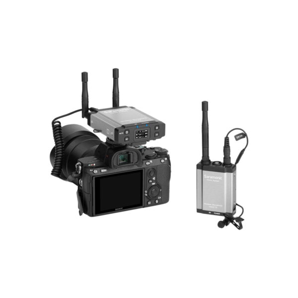 Professional camera with Saramonic Vlink2 Kit1 (TX+RX) wireless sound system and lavalier microphone and SR-C8 Carrying case against a white background.