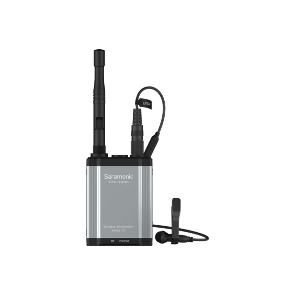 Saramonic Vlink2 Kit1 (TX+RX) wireless microphone kit SR-C8 Carrying case with dual antennas and attachable lavalier microphone, visible against a white background.