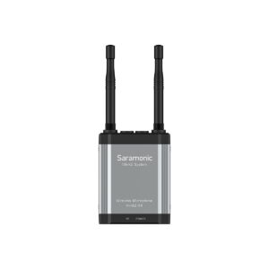 Saramonic Vlink2 Kit1 (TX+RX) + SR-C8 Carrying case The wireless microphone receiver has two antennas and a front plate similar to the front plate of the Saramonic UwMic9 RX9+TX9+TX9 + SR-C8 microphone with white background.