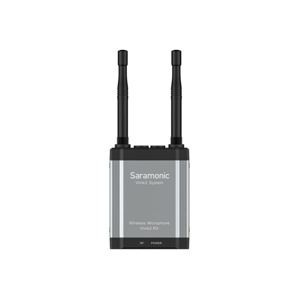 Saramonic Vlink2 Kit1 (TX+RX) + SR-C8 Carrying case The wireless microphone receiver has two antennas and a front plate similar to the front plate of the Saramonic UwMic9 RX9+TX9+TX9 + SR-C8 microphone with white background.